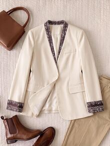 Rusticease Women's Elegant Casual Commuter Colorblock Patchwork Blazer Office Business Brown And White Polka Dot Fall - Khaki - View 1