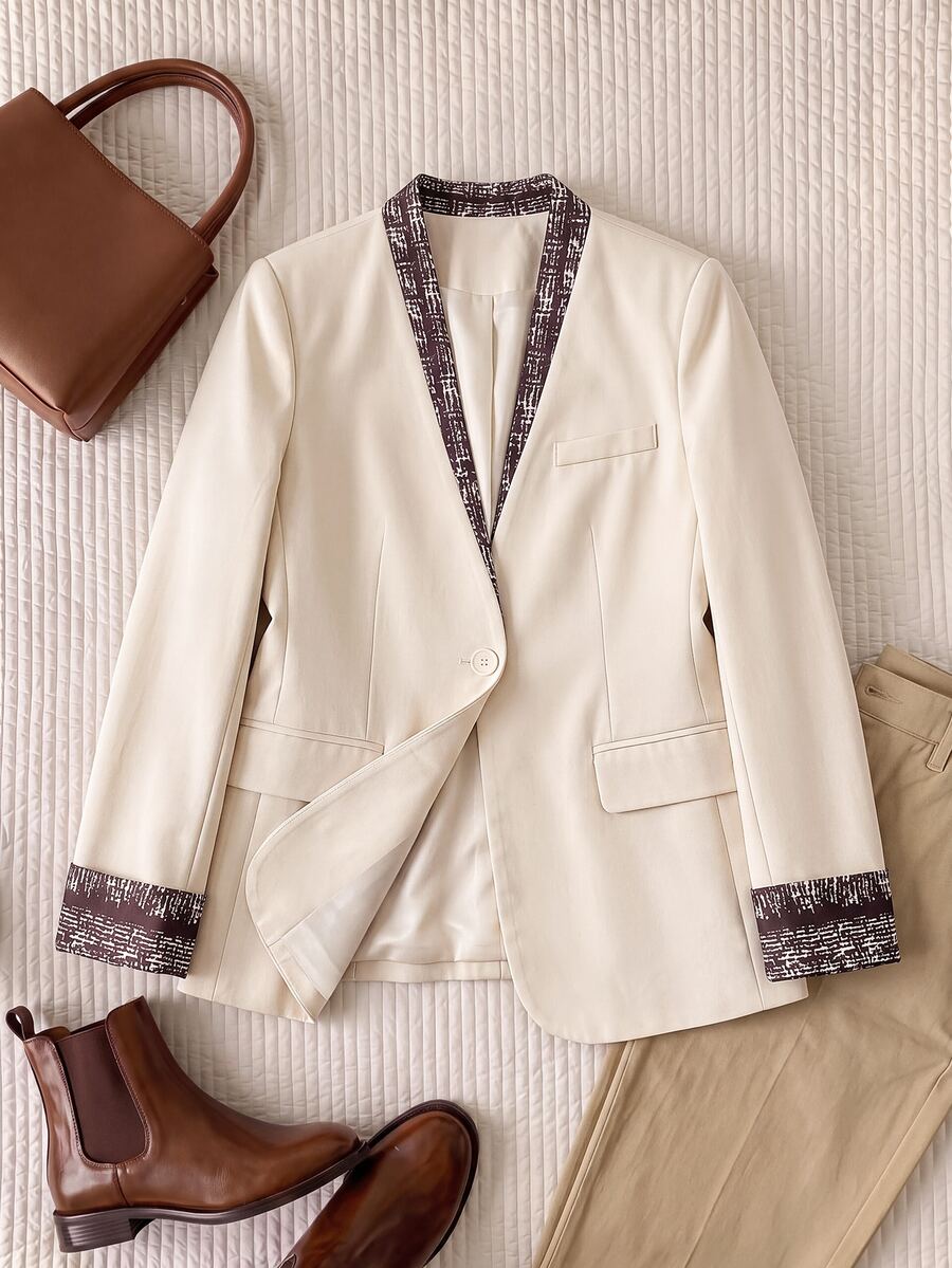 Rusticease Women's Elegant Casual Commuter Colorblock Patchwork Blazer Office Business Brown And White Polka Dot Fall - Khaki - View 1