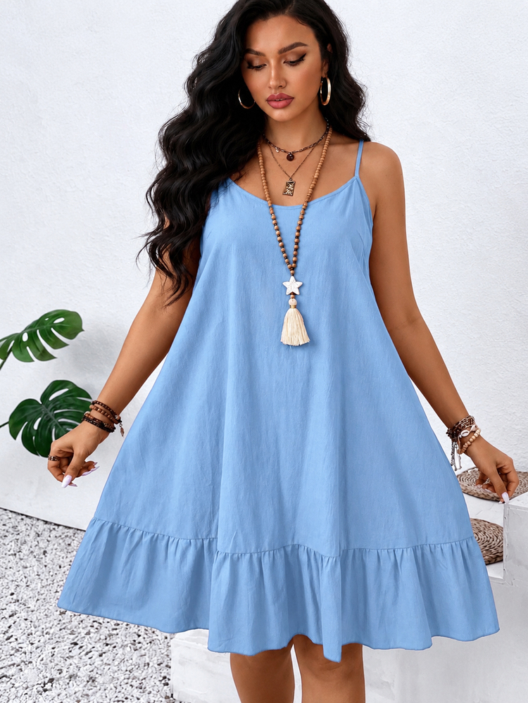 Linhara CURVE Women's Plus Size Pure Cotton Spaghetti Strap Dress, Loose Fit Flattering Ruffle Hem A-Line Dress, Suitable For Vacation, Travel And Daily Wear, Can Be Paired With Outerwear, Versatile For All Seasons - Baby Blue - View 7