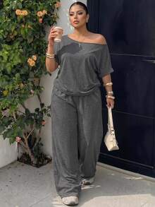 Muchica Plus Size Women Solid Color Asymmetrical Shoulder Short Sleeve T-Shirt And Wide Leg Pants Casual Traditional 2 Pieces Set Brunch Formal Grey Summer - Dark Grey - View 6