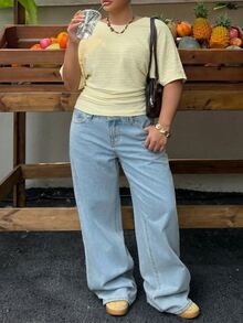 Muchica Plus Size Autumn Casual Baggy Solid Color Batwing Sleeve T-Shirt Brunch Formal Vacation Soft Yellow - Pale Yellow - View 5