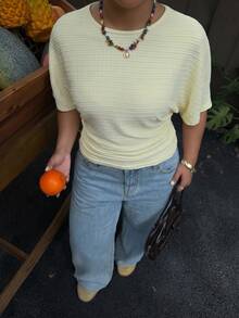 Muchica Plus Size Autumn Casual Baggy Solid Color Batwing Sleeve T-Shirt Brunch Formal Vacation Soft Yellow - Pale Yellow - View 4