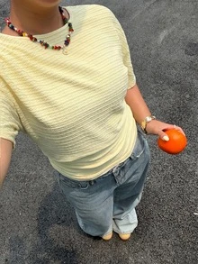 Muchica Plus Size Autumn Casual Baggy Solid Color Batwing Sleeve T-Shirt Brunch Formal Vacation Soft Yellow - Pale Yellow - View 6