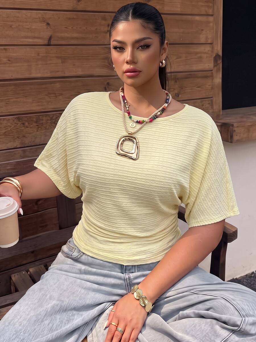 Muchica Plus Size Autumn Casual Baggy Solid Color Batwing Sleeve T-Shirt Brunch Formal Vacation Soft Yellow - Pale Yellow - View 1