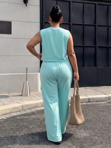 Muchica Water Duck 藍色休閒大尺碼女款背心與長褲兩件套 - 水鴨藍 - 查看 2