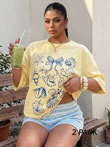 Muchica Plus Size Women's Letter Shell Decor Top And Shorts Casual Tropical Daily 2 Pieces Set Beach Formal Bussines Vacation Blue And Yellow Navy Blue Summer - Multicolor - View 9