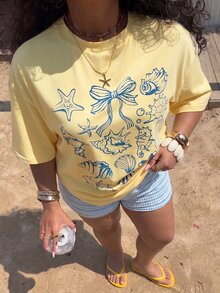 Muchica Plus Size Women's Letter Shell Decor Top And Shorts Casual Tropical Daily 2 Pieces Set Beach Formal Bussines Vacation Blue And Yellow Navy Blue Summer - Multicolor - View 4