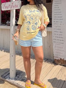 Muchica Plus Size Women's Letter Shell Decor Top And Shorts Casual Tropical Daily 2 Pieces Set Beach Formal Bussines Vacation Blue And Yellow Navy Blue Summer - Multicolor - View 7