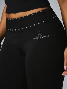 BABYPHAT Rhinestone Embellished Low Rise Cropped Capri Leggings With Logo Print And Studded Waistband Detail - Black - View 4