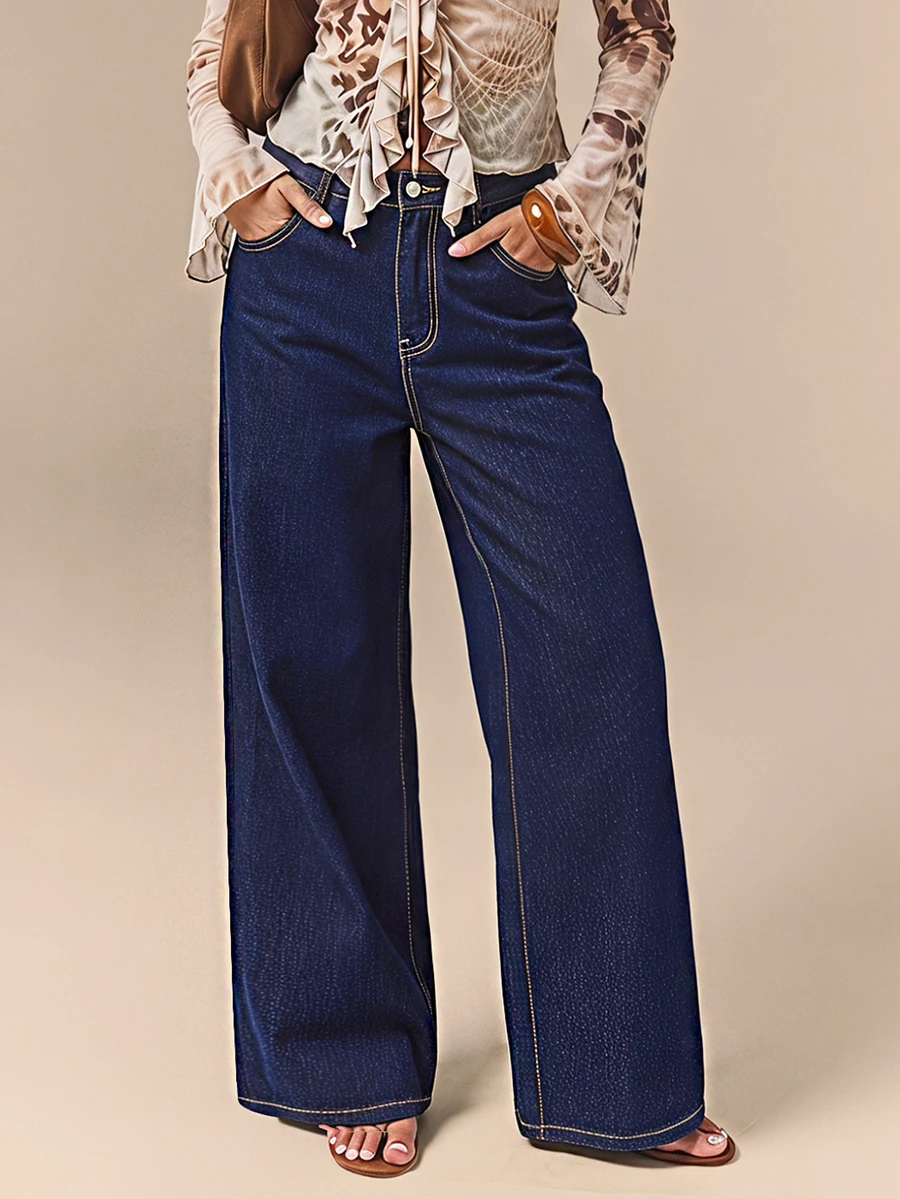 EMERY ROSE Women's Straight Leg Loose Casual Denim Jeans With Pockets - Blue - View 1