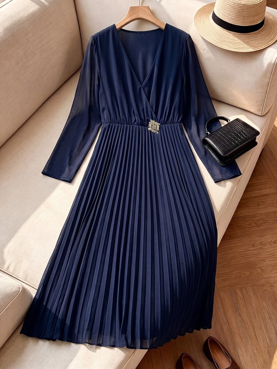 Rusticease Middle-Aged Women V-Neck Pleated Rhinestone Decor Celestial Romantic Elegant Christening Guest Night Formal Senior Dress Navy Blue Fall Wedding - Navy Blue - View 1