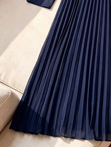 Rusticease Middle-Aged Women V-Neck Pleated Rhinestone Decor Celestial Romantic Elegant Christening Guest Night Formal Senior Dress Navy Blue Fall Wedding - Navy Blue - View 5
