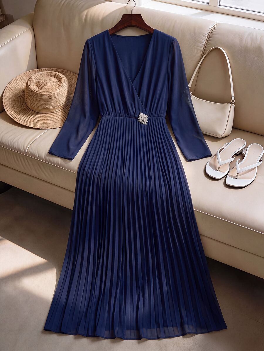 Rusticease Middle-Aged Women V-Neck Pleated Rhinestone Decor Celestial Romantic Elegant Christening Guest Night Formal Senior Dress Navy Blue Fall Wedding - Navy Blue - View 1