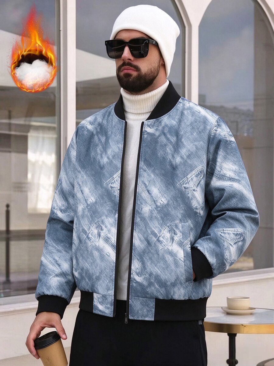 ARLO REED Men's Stand Collar Fashion Casual Floral Print Padded Coat - Blue - View 1
