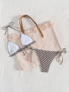 SHEIN Swim 女士新款夏季花卉印花露背系带沙滩比基尼套装 - 彩色 - 查看 2