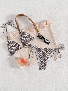 SHEIN Swim 女士新款夏季花卉印花露背系带沙滩比基尼套装 - 彩色 - 查看 6