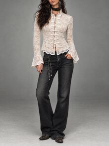 Everyssa Autumn/Winter New Lace Collar Ruffle Flared Sleeve Chinese Button Bohemian Women's Blouse - Beige - View 5