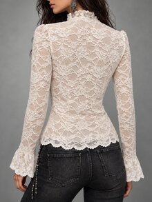 Everyssa Autumn/Winter New Lace Collar Ruffle Flared Sleeve Chinese Button Bohemian Women's Blouse - Beige - View 3