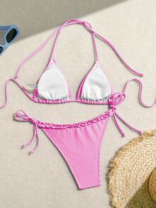 SHEIN Swim Women's Holiday Striped Nautical Style Splice Frill Trim Tie Bikini Set Summer - Hot Pink - View 6