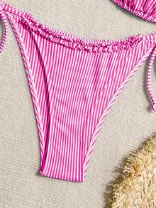 SHEIN Swim Women's Holiday Striped Nautical Style Splice Frill Trim Tie Bikini Set Summer - Hot Pink - View 7