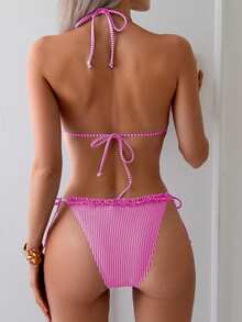 SHEIN Swim Women's Holiday Striped Nautical Style Splice Frill Trim Tie Bikini Set Summer - Hot Pink - View 2