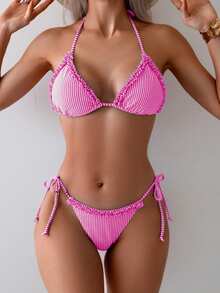 SHEIN Swim Women's Holiday Striped Nautical Style Splice Frill Trim Tie Bikini Set Summer - Hot Pink - View 4
