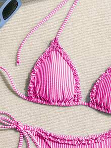SHEIN Swim Women's Holiday Striped Nautical Style Splice Frill Trim Tie Bikini Set Summer - Hot Pink - View 8