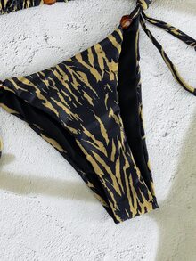SHEIN Swim Swim Mod Women's Black Zebra Stripe Textured Halter Triangle Bikini Set,Animal Print High Cut 2pcs Swimwear,Summer Casual Beach Holiday Vacation - Brown - View 9