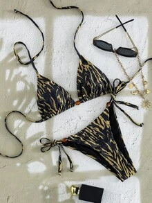 SHEIN Swim Swim Mod Women's Black Zebra Stripe Textured Halter Triangle Bikini Set,Animal Print High Cut 2pcs Swimwear,Summer Casual Beach Holiday Vacation - Brown - View 2