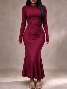 INAWLY Solva Women's Solid Color Round Neck Long Sleeve Fishtail Hem Elegant Dress - Burgundy - View 2