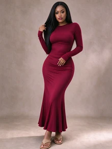 INAWLY Solva Women's Solid Color Round Neck Long Sleeve Fishtail Hem Elegant Dress - Burgundy - View 6