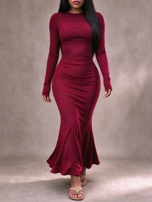INAWLY Solva Women's Solid Color Round Neck Long Sleeve Fishtail Hem Elegant Dress - Burgundy - View 3