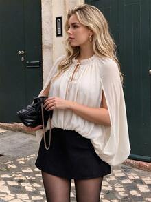 Easura Plus Size Women's Elegant Party Date Halter V-Neck Cape Sleeve Slit Chiffon Textured Loose Draped Elegant Blouse Fall - Apricot - View 1