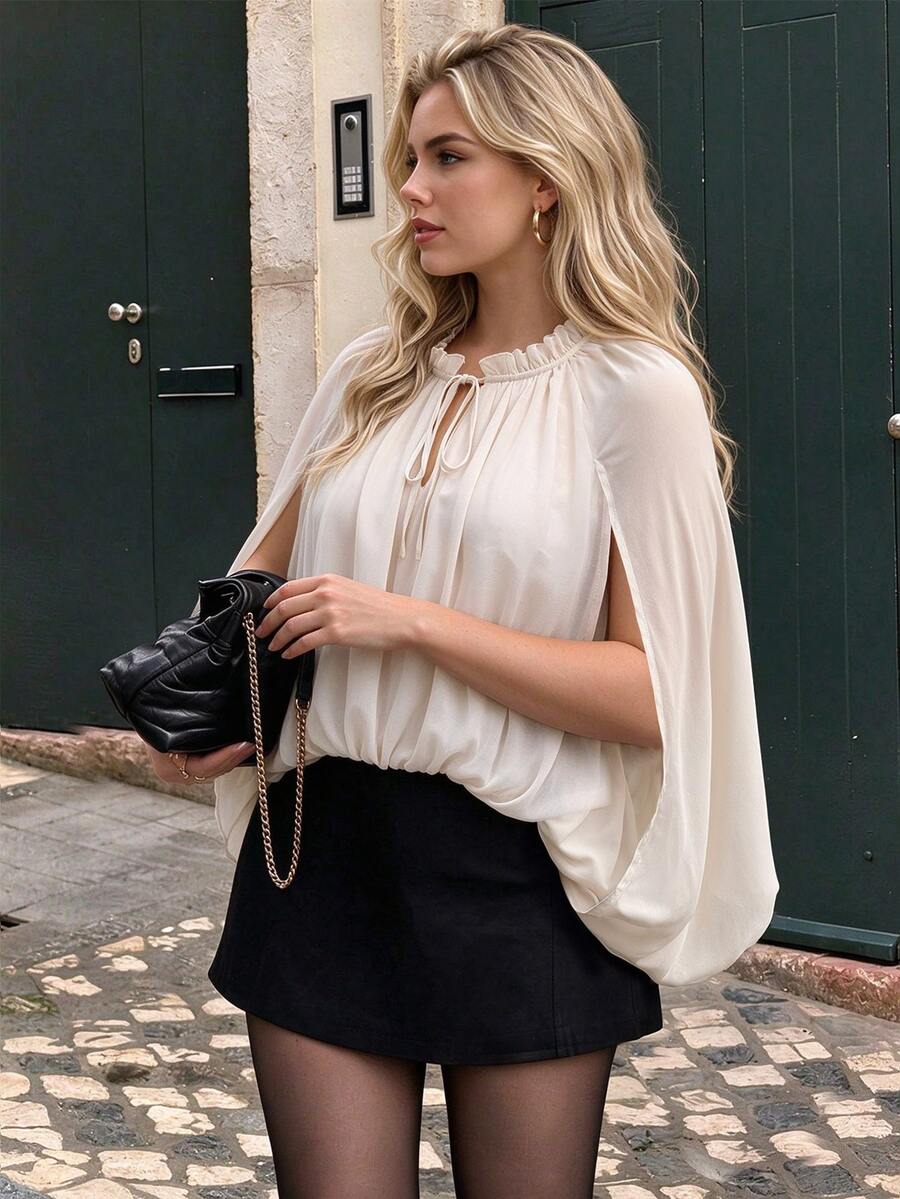 Easura Plus Size Women's Elegant Party Date Halter V-Neck Cape Sleeve Slit Chiffon Textured Loose Draped Elegant Blouse Fall - Apricot - View 1