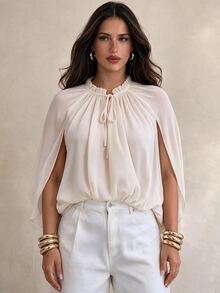 Easura Plus Size Women's Elegant Party Date Halter V-Neck Cape Sleeve Slit Chiffon Textured Loose Draped Elegant Blouse Fall - Apricot - View 5