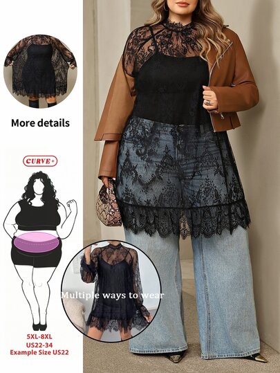 SHEIN CURVE+ Plus Size Women Raglan Long Sleeve Lace Ruffle Hem Sheer Sexy Dress Fall