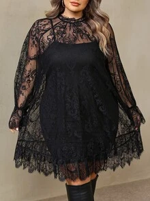 SHEIN CURVE+ فستان نسائي مقاس كبير بأكمام راجلان طويلة وحافة مكشكشة من الدانتيل شفاف مثير للخريف - الأسود - مشاهدة 6