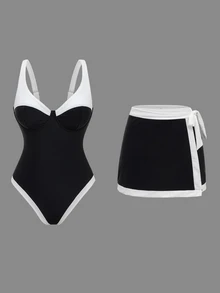 Costavie 女士黑白撞色钢圈可调节肩带分体式泳衣 - 黑與白 - 查看 3