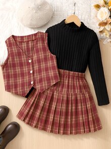 SHEIN 女款復古80年代紅色格紋三件套，高領羅紋黑色針織內搭層，格紋V領背心 + 百褶迷你裙，校園度假秋季風 - 彩色 - 查看 4