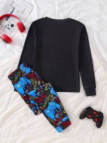 SHEIN 2pcs Kids Tween Boy Casual Daily Versatile Comfortable Glow-In-The-Dark Game Controller Print Round Neck Pullover Long Sleeve Pajama Top And Pants Knit Fitted Loungewear Set - Multicolor - View 7