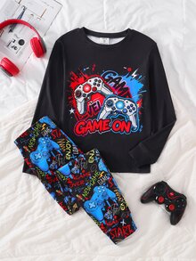 SHEIN 2pcs Kids Tween Boy Casual Daily Versatile Comfortable Glow-In-The-Dark Game Controller Print Round Neck Pullover Long Sleeve Pajama Top And Pants Knit Fitted Loungewear Set - Multicolor - View 6