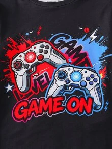 SHEIN 2pcs Kids Tween Boy Casual Daily Versatile Comfortable Glow-In-The-Dark Game Controller Print Round Neck Pullover Long Sleeve Pajama Top And Pants Knit Fitted Loungewear Set - Multicolor - View 3