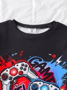SHEIN 2pcs Kids Tween Boy Casual Daily Versatile Comfortable Glow-In-The-Dark Game Controller Print Round Neck Pullover Long Sleeve Pajama Top And Pants Knit Fitted Loungewear Set - Multicolor - View 5