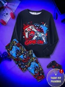 SHEIN 2pcs Kids Tween Boy Casual Daily Versatile Comfortable Glow-In-The-Dark Game Controller Print Round Neck Pullover Long Sleeve Pajama Top And Pants Knit Fitted Loungewear Set - Multicolor - View 2