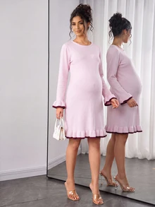 Momance Maternity Sweater Dress, Slim Fit, Contrast Color Collar And Cuff With Ruffle Hem Design, Elegant Date, Solid Color Long Sleeve Knit Dress, Versatile Round Neck Pullover Sweater Dress - Pink - View 3