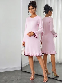 Momance Maternity Sweater Dress, Slim Fit, Contrast Color Collar And Cuff With Ruffle Hem Design, Elegant Date, Solid Color Long Sleeve Knit Dress, Versatile Round Neck Pullover Sweater Dress - Pink - View 1