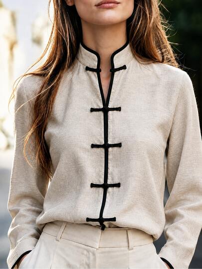 SHEIN Elegant Chinese Style Frog Button Women's Blouse, Elegant Commute Business Gathering Women's Long Sleeve Frog Button Top