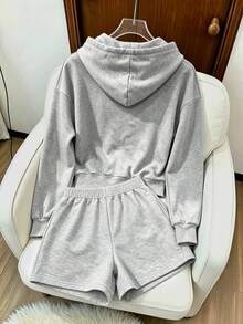 Resyla 新款時尚豹紋虎紋灰色豹紋運動服套裝，街頭風青春感拉鍊連帽外套短褲2件組，休閒日常外出秋季穿搭 - 淺灰色 - 查看 2