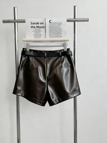 INAWLY Women's PU Leather Pocket Fashion Versatile Casual Shorts - Brown - View 2