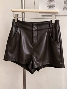 INAWLY Women's PU Leather Pocket Fashion Versatile Casual Shorts - Brown - View 5